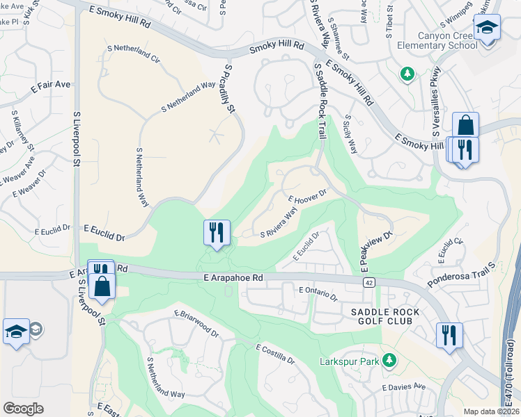 map of restaurants, bars, coffee shops, grocery stores, and more near 6533 South Quemoy Way in Aurora