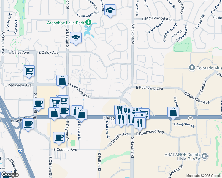 map of restaurants, bars, coffee shops, grocery stores, and more near 10263 East Peakview Avenue in Englewood