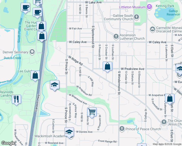 map of restaurants, bars, coffee shops, grocery stores, and more near 2002 West Ridge Road in Littleton