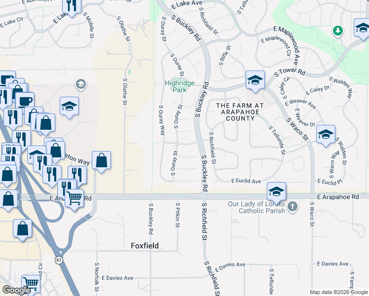 map of restaurants, bars, coffee shops, grocery stores, and more near 16887 East Peakview Avenue in Aurora