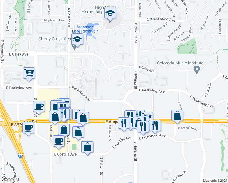 map of restaurants, bars, coffee shops, grocery stores, and more near 6483 East Peakview Avenue in Englewood
