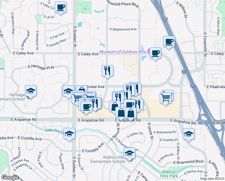 map of restaurants, bars, coffee shops, grocery stores, and more near East Peakview Avenue in Centennial