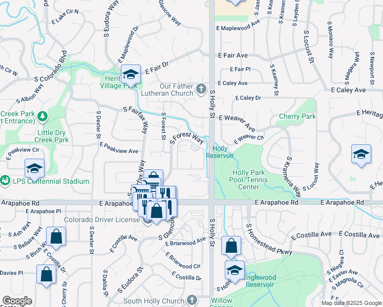 map of restaurants, bars, coffee shops, grocery stores, and more near 5500 East Peakview Avenue in Centennial