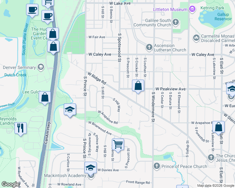 map of restaurants, bars, coffee shops, grocery stores, and more near 2002 West Ridge Road in Littleton