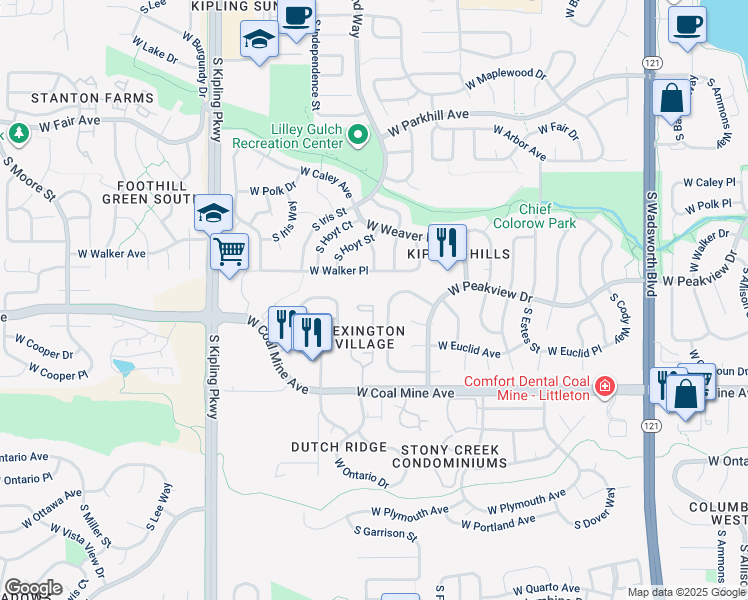 map of restaurants, bars, coffee shops, grocery stores, and more near 9505 West Coal Mine Avenue in Littleton