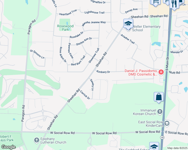 map of restaurants, bars, coffee shops, grocery stores, and more near 364 Kimbary Drive in Dayton