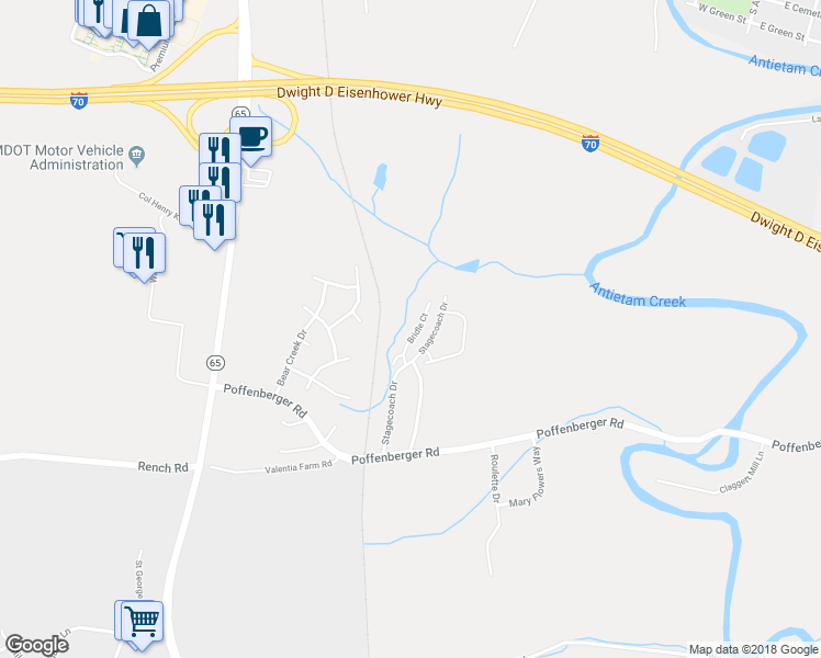 map of restaurants, bars, coffee shops, grocery stores, and more near 10340 Bridle Court in Hagerstown