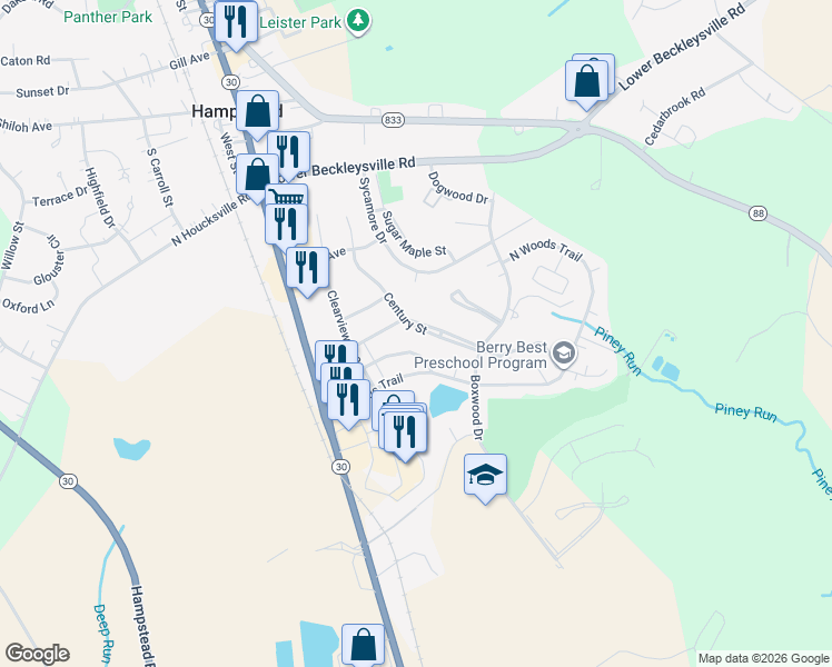 map of restaurants, bars, coffee shops, grocery stores, and more near 882 Century Street in Hampstead