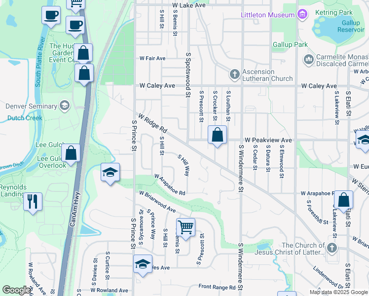 map of restaurants, bars, coffee shops, grocery stores, and more near 2002 West Ridge Road in Littleton