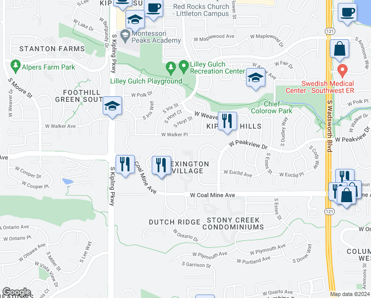 map of restaurants, bars, coffee shops, grocery stores, and more near 9505 West Coal Mine Avenue in Littleton