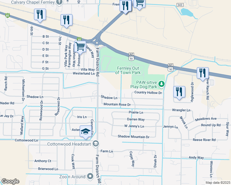 map of restaurants, bars, coffee shops, grocery stores, and more near 552 Ranchwood Lane in Fernley