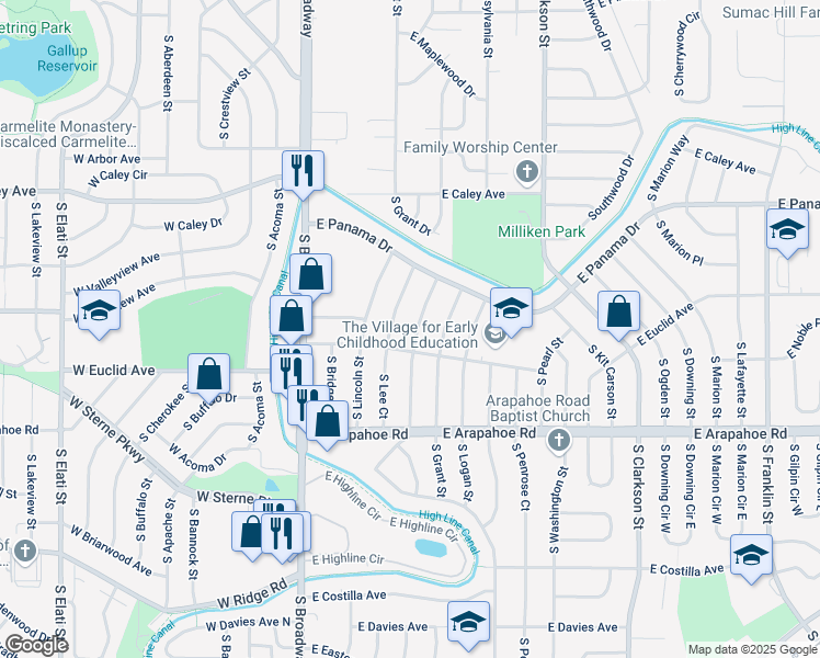 map of restaurants, bars, coffee shops, grocery stores, and more near 6575 South Sherman Street in Centennial