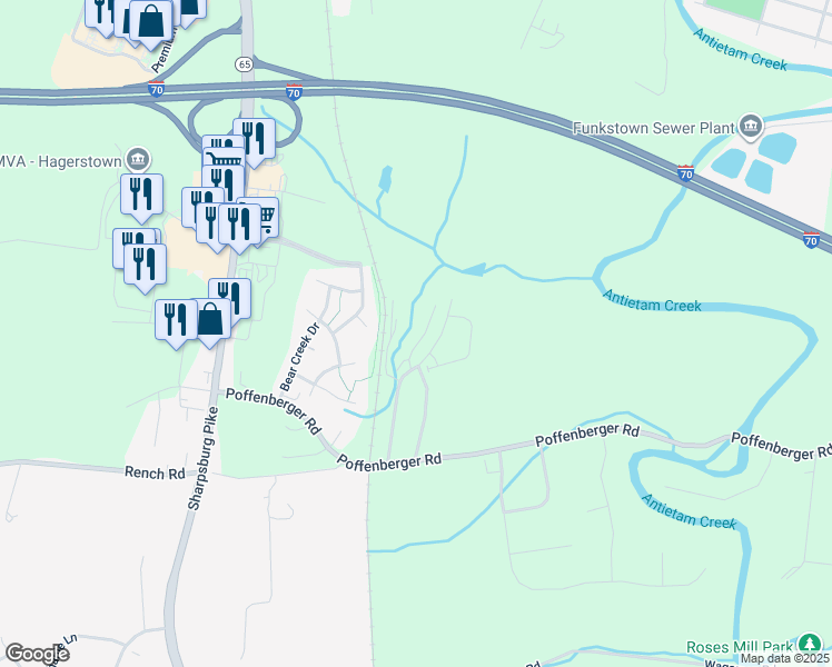 map of restaurants, bars, coffee shops, grocery stores, and more near 10340 Bridle Court in Hagerstown