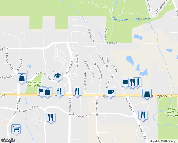 map of restaurants, bars, coffee shops, grocery stores, and more near 6607 South Atchison Way in Centennial