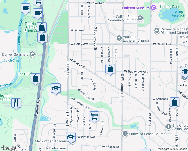 map of restaurants, bars, coffee shops, grocery stores, and more near 2002 West Ridge Road in Littleton