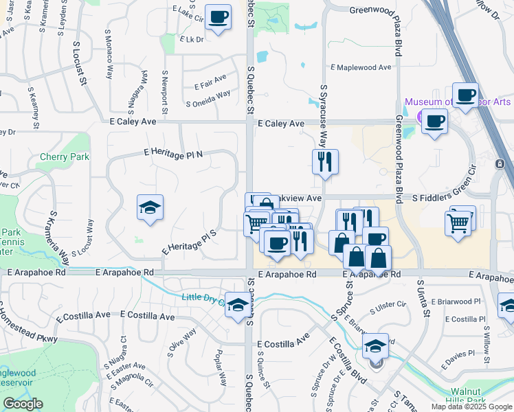 map of restaurants, bars, coffee shops, grocery stores, and more near 6500 South Quebec Street in Centennial
