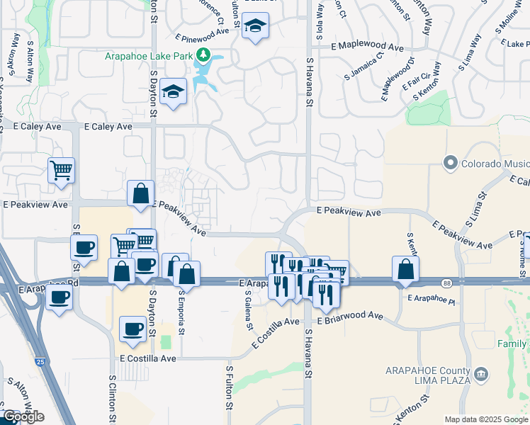map of restaurants, bars, coffee shops, grocery stores, and more near 10283 East Peakview Avenue in Englewood