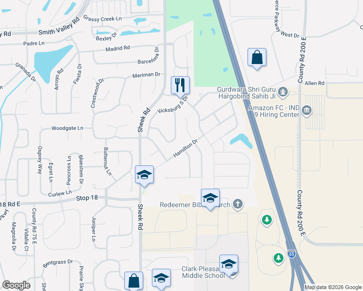 map of restaurants, bars, coffee shops, grocery stores, and more near 1334 Hamilton Drive in Greenwood