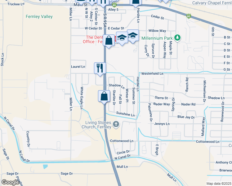 map of restaurants, bars, coffee shops, grocery stores, and more near 665 Starlite Drive in Fernley