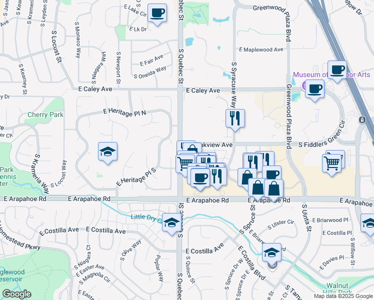 map of restaurants, bars, coffee shops, grocery stores, and more near 6500 South Quebec Street in Centennial