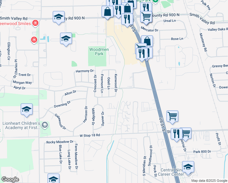 map of restaurants, bars, coffee shops, grocery stores, and more near 1310 Kenwood Drive in Greenwood
