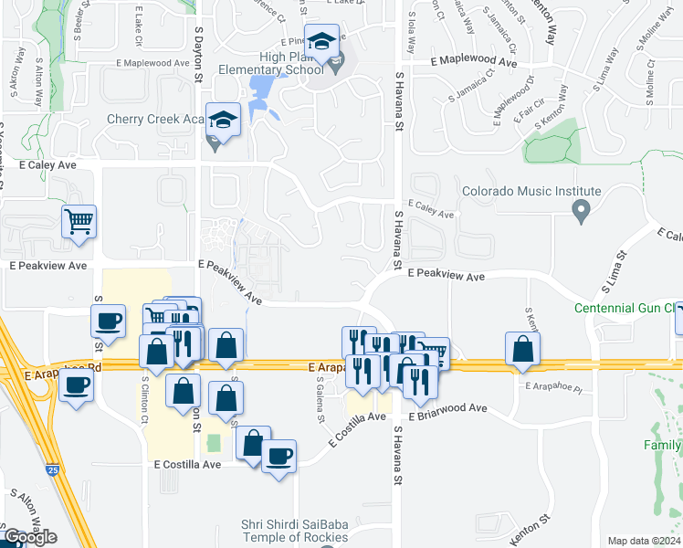 map of restaurants, bars, coffee shops, grocery stores, and more near 6483 East Peakview Avenue in Englewood