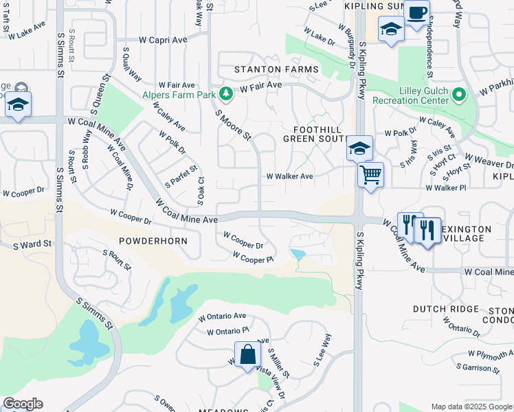 map of restaurants, bars, coffee shops, grocery stores, and more near 10564 West Peakview Place in Littleton