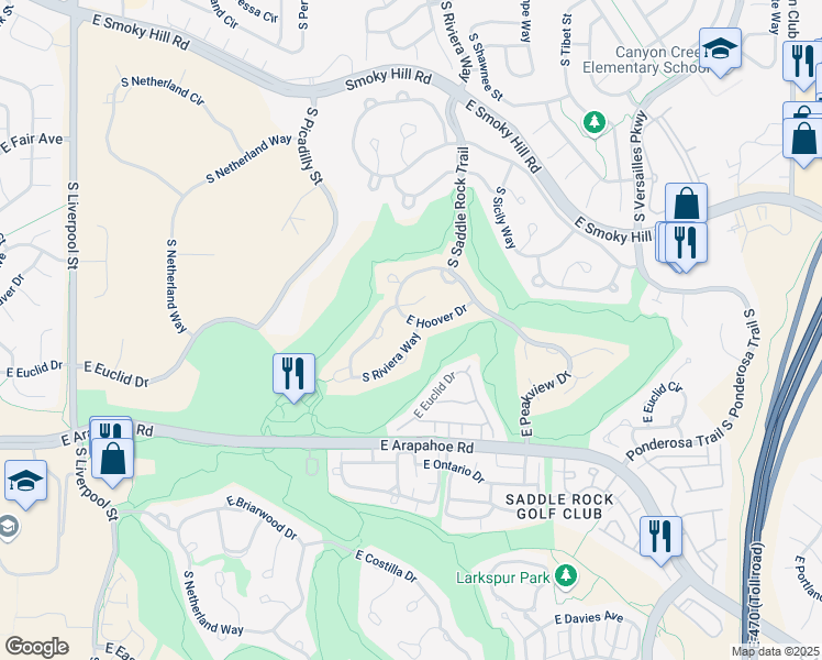 map of restaurants, bars, coffee shops, grocery stores, and more near 22046 East Hoover Drive in Aurora
