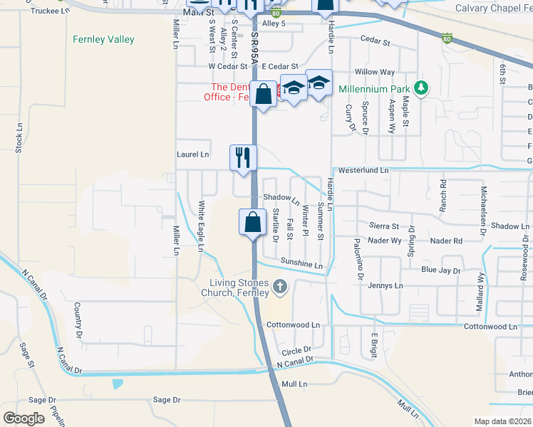 map of restaurants, bars, coffee shops, grocery stores, and more near 655 Sunny Lane in Fernley