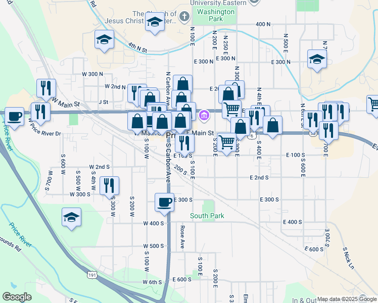 map of restaurants, bars, coffee shops, grocery stores, and more near 68 South 100 East in Price