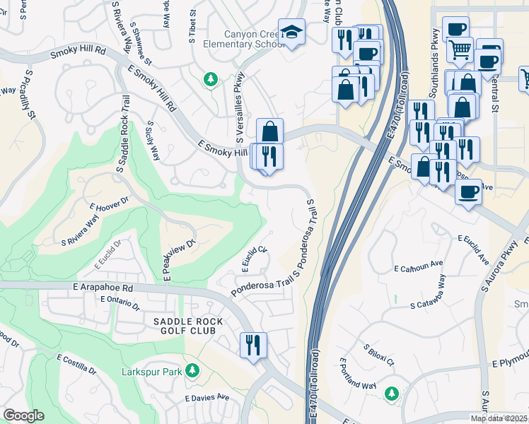 map of restaurants, bars, coffee shops, grocery stores, and more near 6515 South Wenatchee Court in Aurora