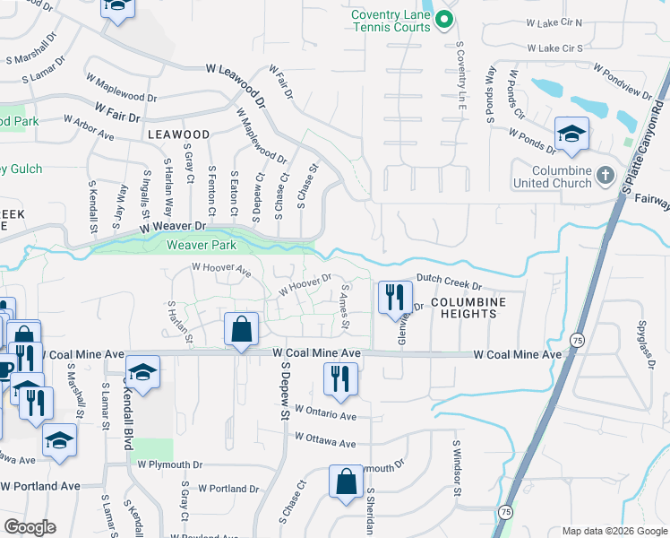 map of restaurants, bars, coffee shops, grocery stores, and more near 5359 West Hoover Drive in Littleton