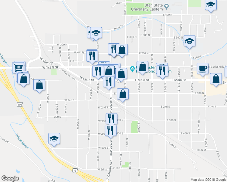 map of restaurants, bars, coffee shops, grocery stores, and more near 95 South Carbon Avenue in Price