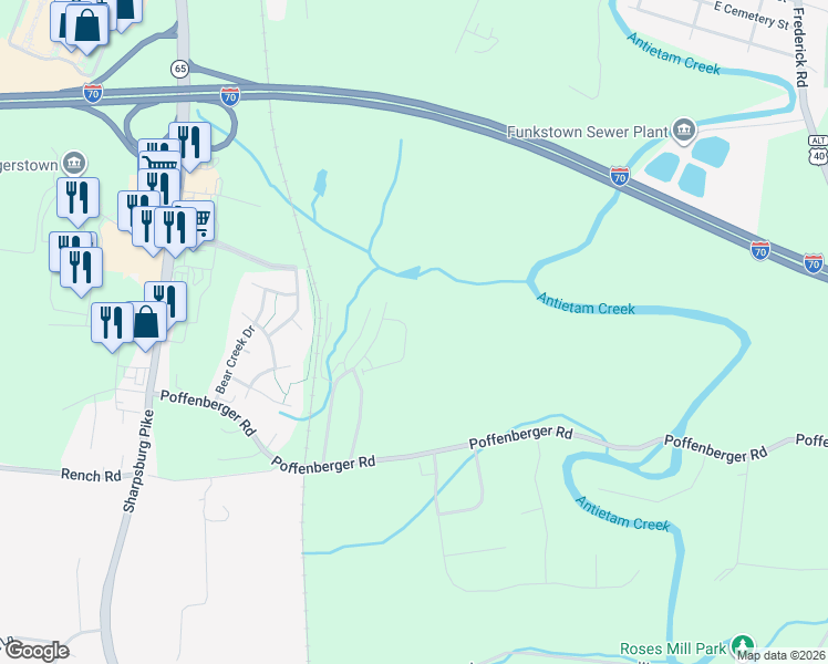 map of restaurants, bars, coffee shops, grocery stores, and more near 10357 Lantern Lane in Hagerstown