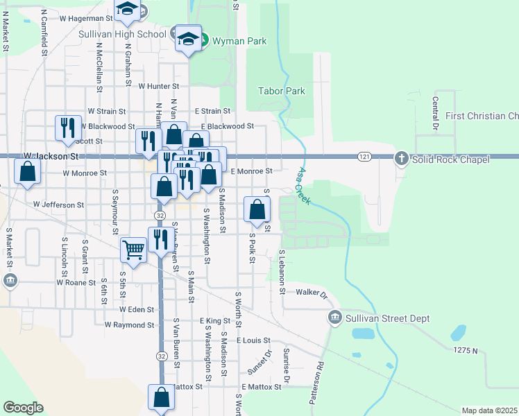 map of restaurants, bars, coffee shops, grocery stores, and more near 104 Polk Street in Sullivan