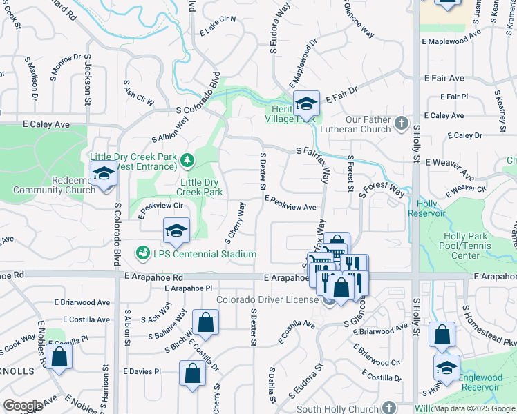map of restaurants, bars, coffee shops, grocery stores, and more near 6517 South Dexter Street in Centennial