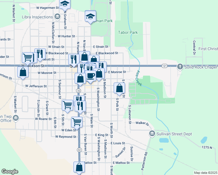 map of restaurants, bars, coffee shops, grocery stores, and more near 213 East Jefferson Street in Sullivan