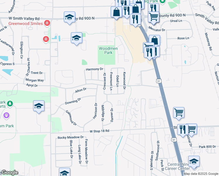 map of restaurants, bars, coffee shops, grocery stores, and more near 1310 Freemont Lane in Greenwood