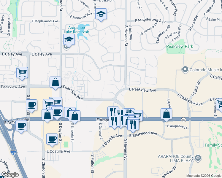 map of restaurants, bars, coffee shops, grocery stores, and more near 6473 South Havana Street in Englewood
