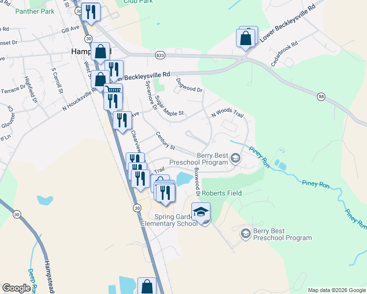 map of restaurants, bars, coffee shops, grocery stores, and more near 855 Century Street in Hampstead