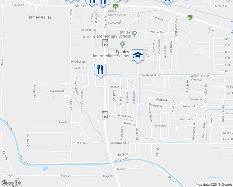 map of restaurants, bars, coffee shops, grocery stores, and more near 640 Starlite Drive in Fernley