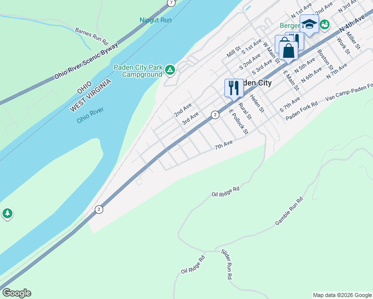 map of restaurants, bars, coffee shops, grocery stores, and more near 100-116 E Monroe St in Paden City
