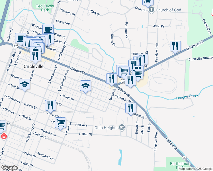 map of restaurants, bars, coffee shops, grocery stores, and more near 475 East Main Street in Circleville