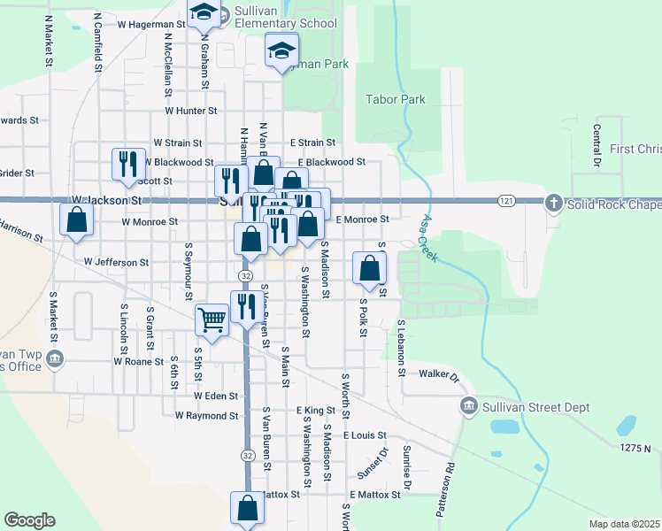 map of restaurants, bars, coffee shops, grocery stores, and more near 213 East Jefferson Street in Sullivan