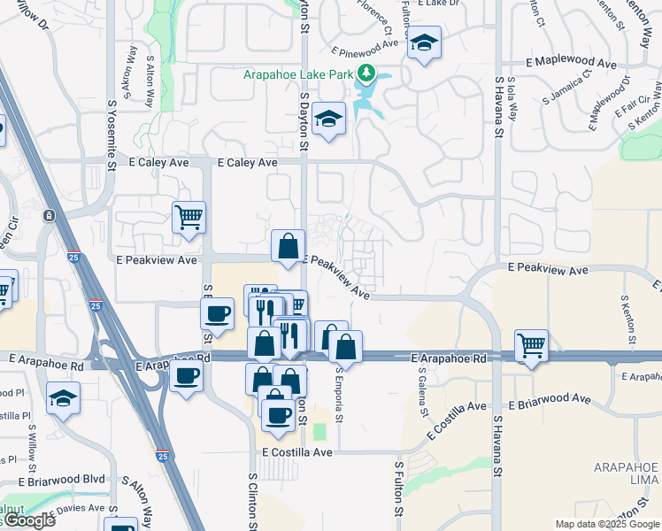 map of restaurants, bars, coffee shops, grocery stores, and more near 9807 East Peakview Avenue in Centennial
