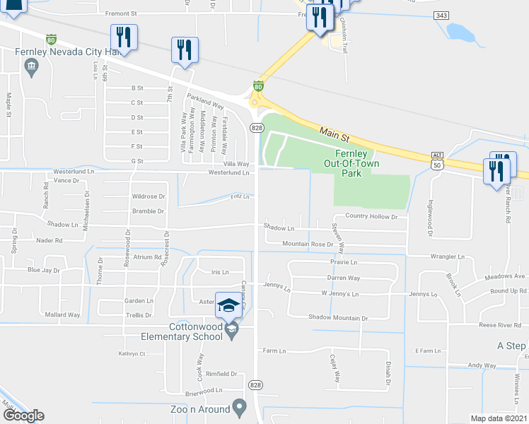 map of restaurants, bars, coffee shops, grocery stores, and more near 574 Sunrise Circle in Fernley