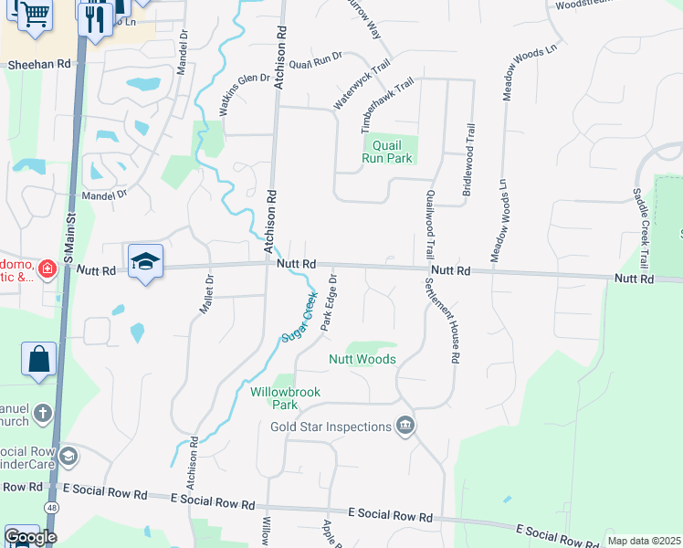 map of restaurants, bars, coffee shops, grocery stores, and more near 10100 Park Edge Drive in Dayton