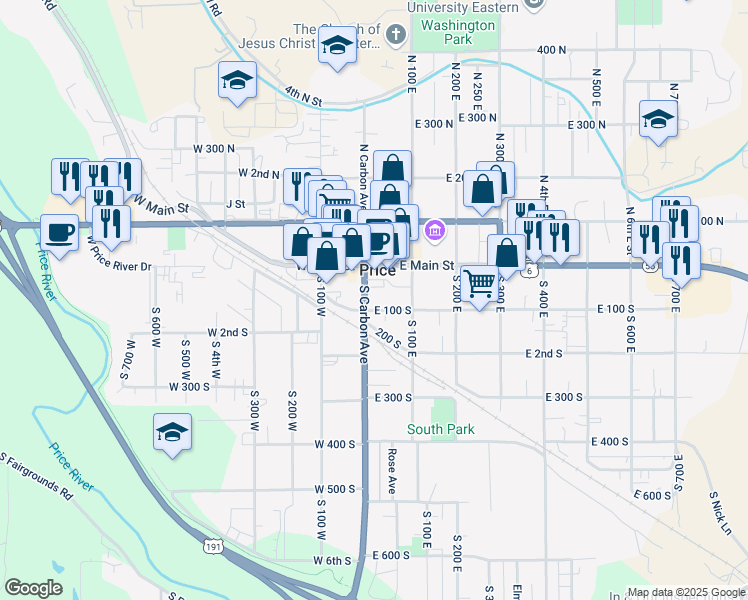 map of restaurants, bars, coffee shops, grocery stores, and more near 95 South Carbon Avenue in Price