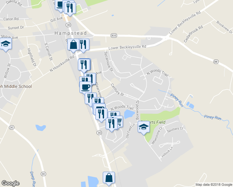 map of restaurants, bars, coffee shops, grocery stores, and more near 4299 Huntsman Trail in Hampstead