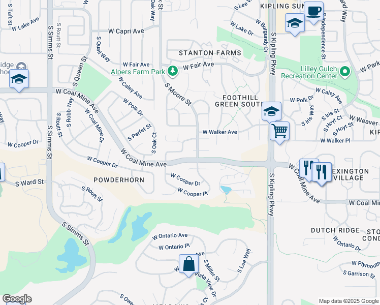 map of restaurants, bars, coffee shops, grocery stores, and more near 10564 West Peakview Place in Littleton